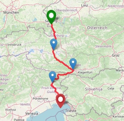 Karte des Alpe-Adria-Radwegs